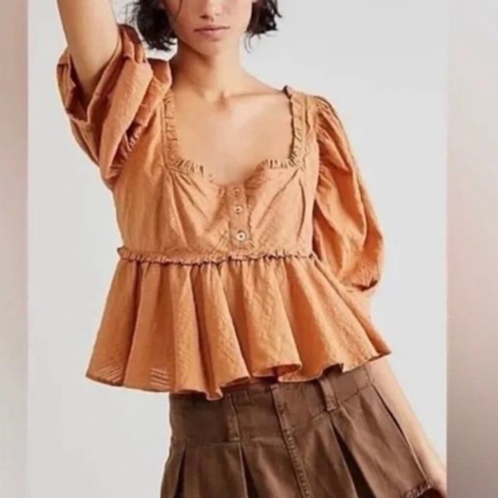 NWOT Free People Leave It To Me Burnt Orange Peplum Blouse